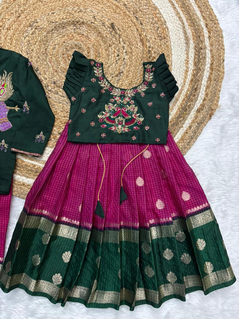 Banaras Silk Maggam Crop Top & Boy Kurta Dhoti Set | Kids Ethnic Wear Collection