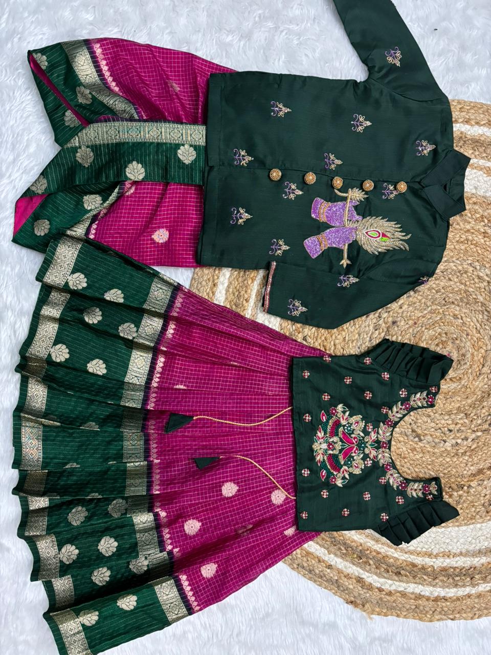 Banaras Silk Maggam Crop Top & Boy Kurta Dhoti Set | Kids Ethnic Wear Collection