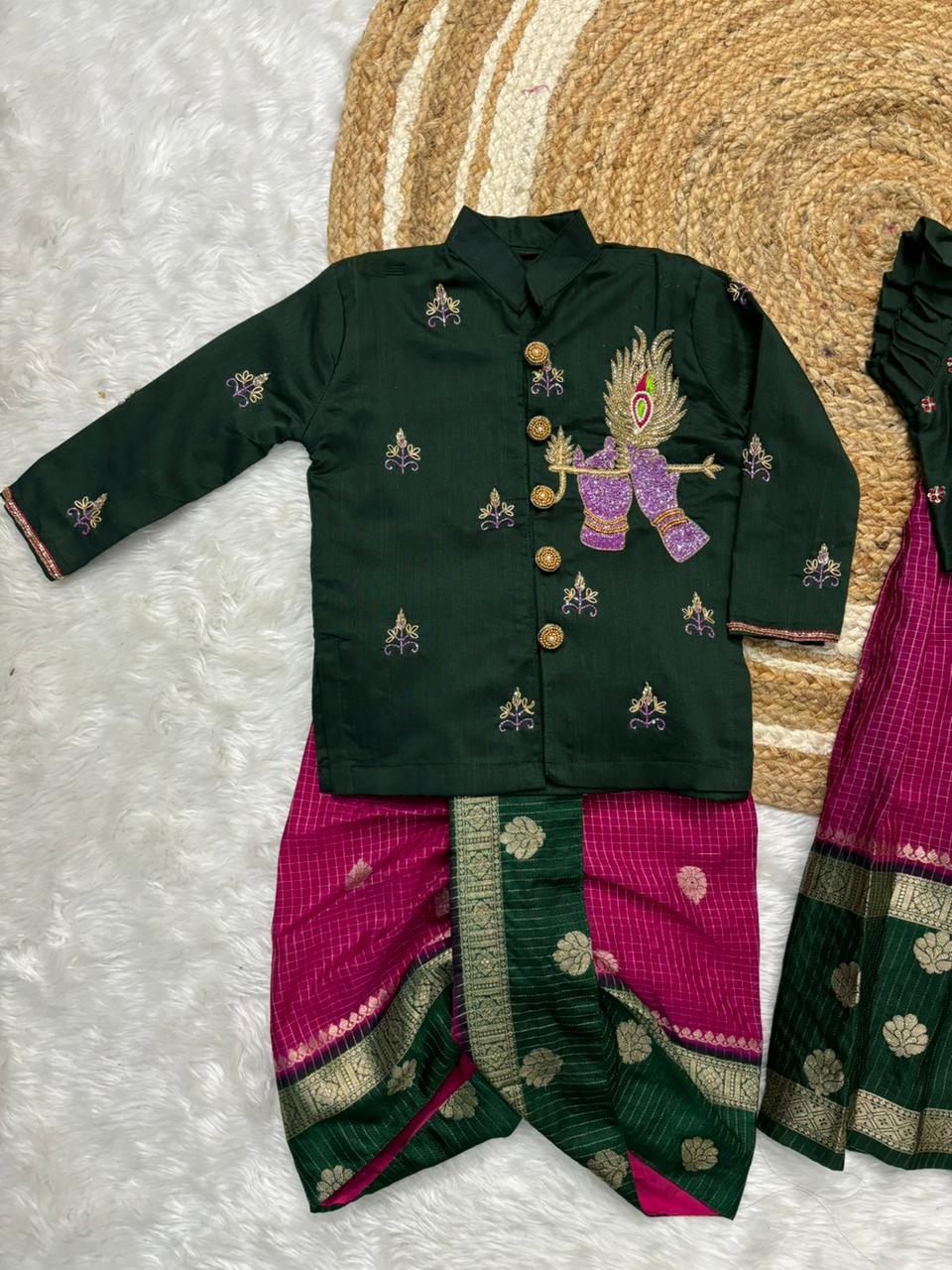 Banaras Silk Maggam Crop Top & Boy Kurta Dhoti Set | Kids Ethnic Wear Collection