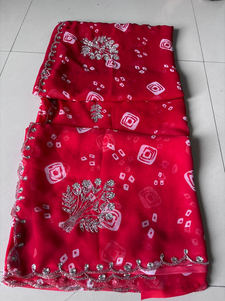 Karva Chauth Special Bandhej Saree – 60gm Jorjat with Kardana Hand Work