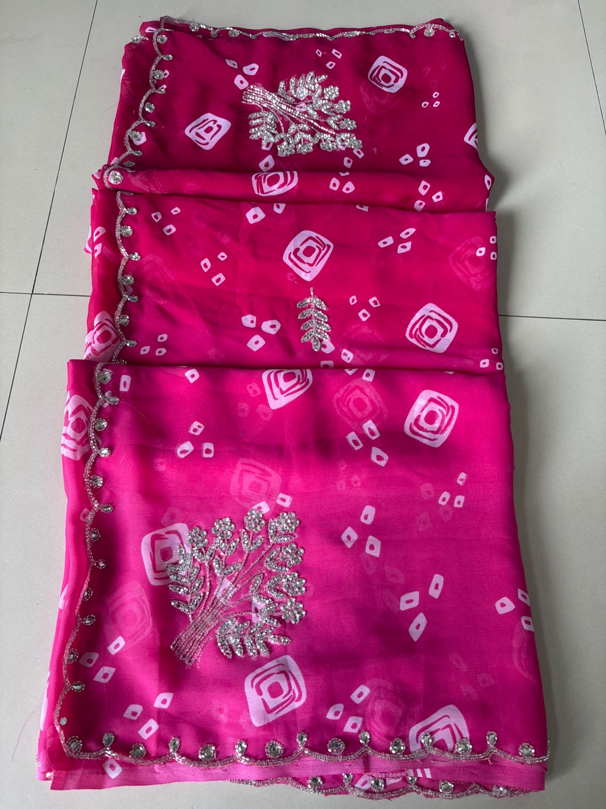 Karva Chauth Special Bandhej Saree – 60gm Jorjat with Kardana Hand Work