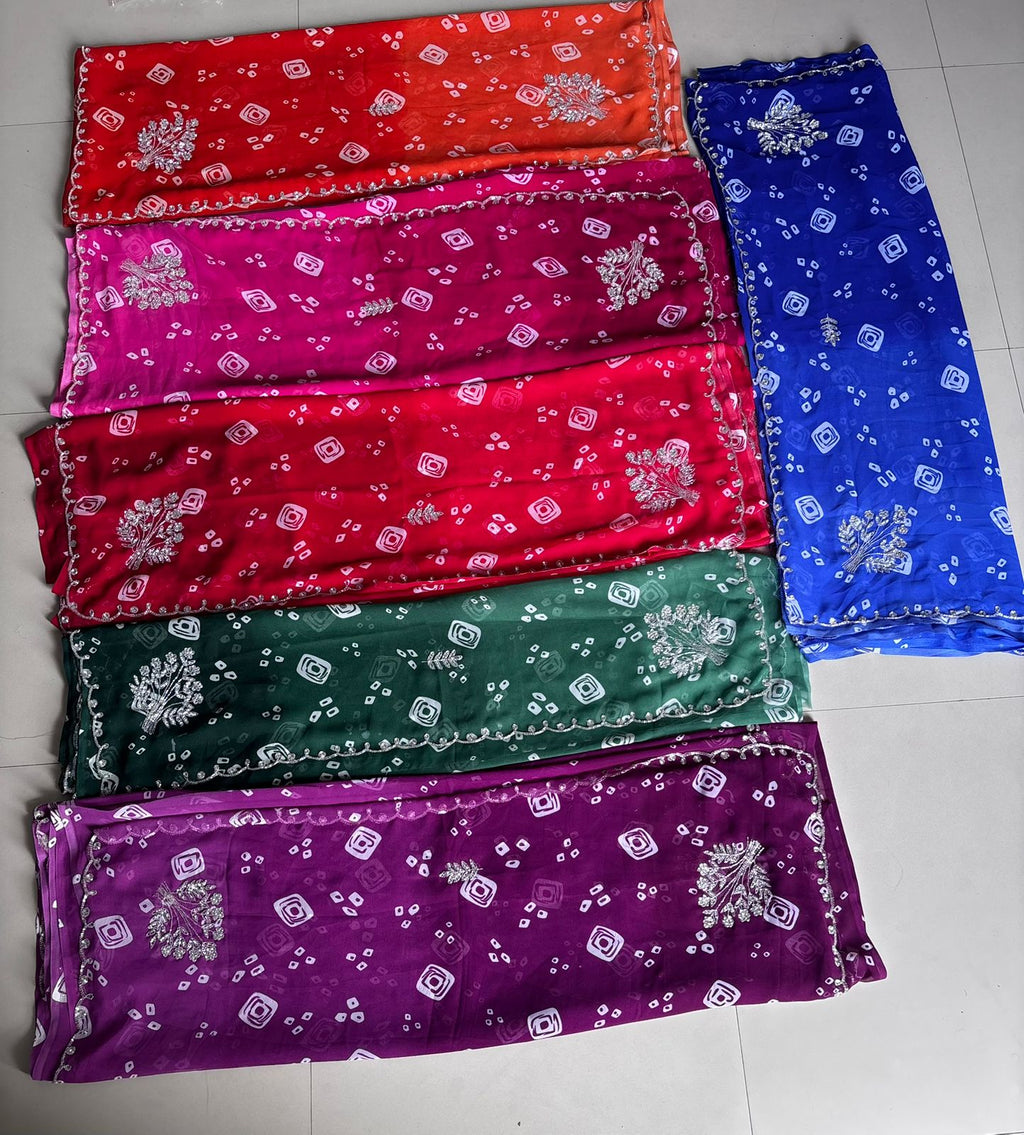 Karva Chauth Special Bandhej Saree – 60gm Jorjat with Kardana Hand Work