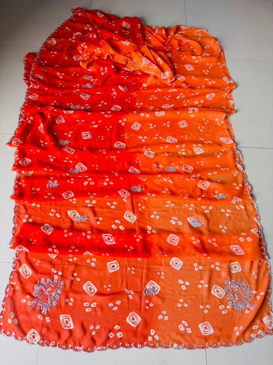 Karva Chauth Special Bandhej Saree – 60gm Jorjat with Kardana Hand Work