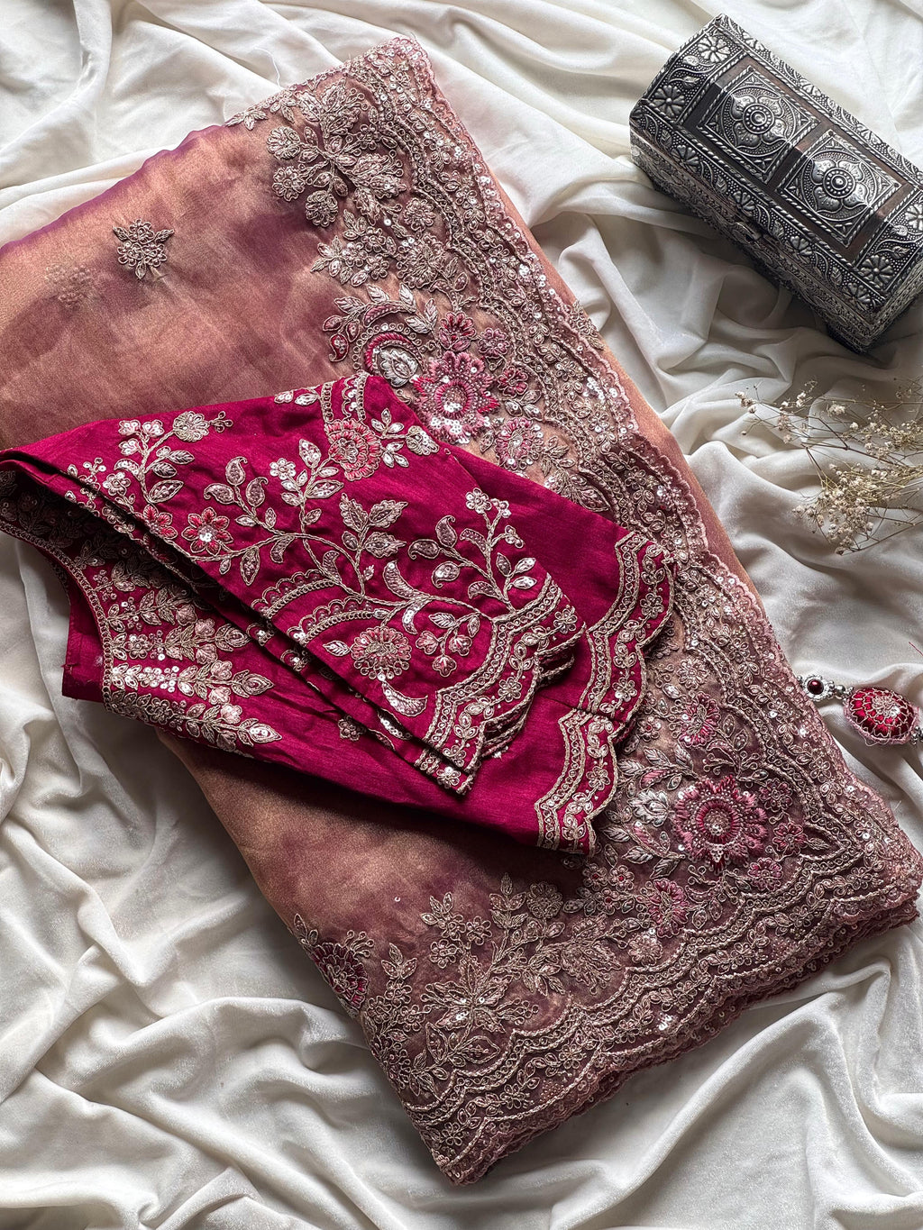 Premium Tissue Silk Saree – Multi-Colour Sequin & Coding Work | Blush Pink