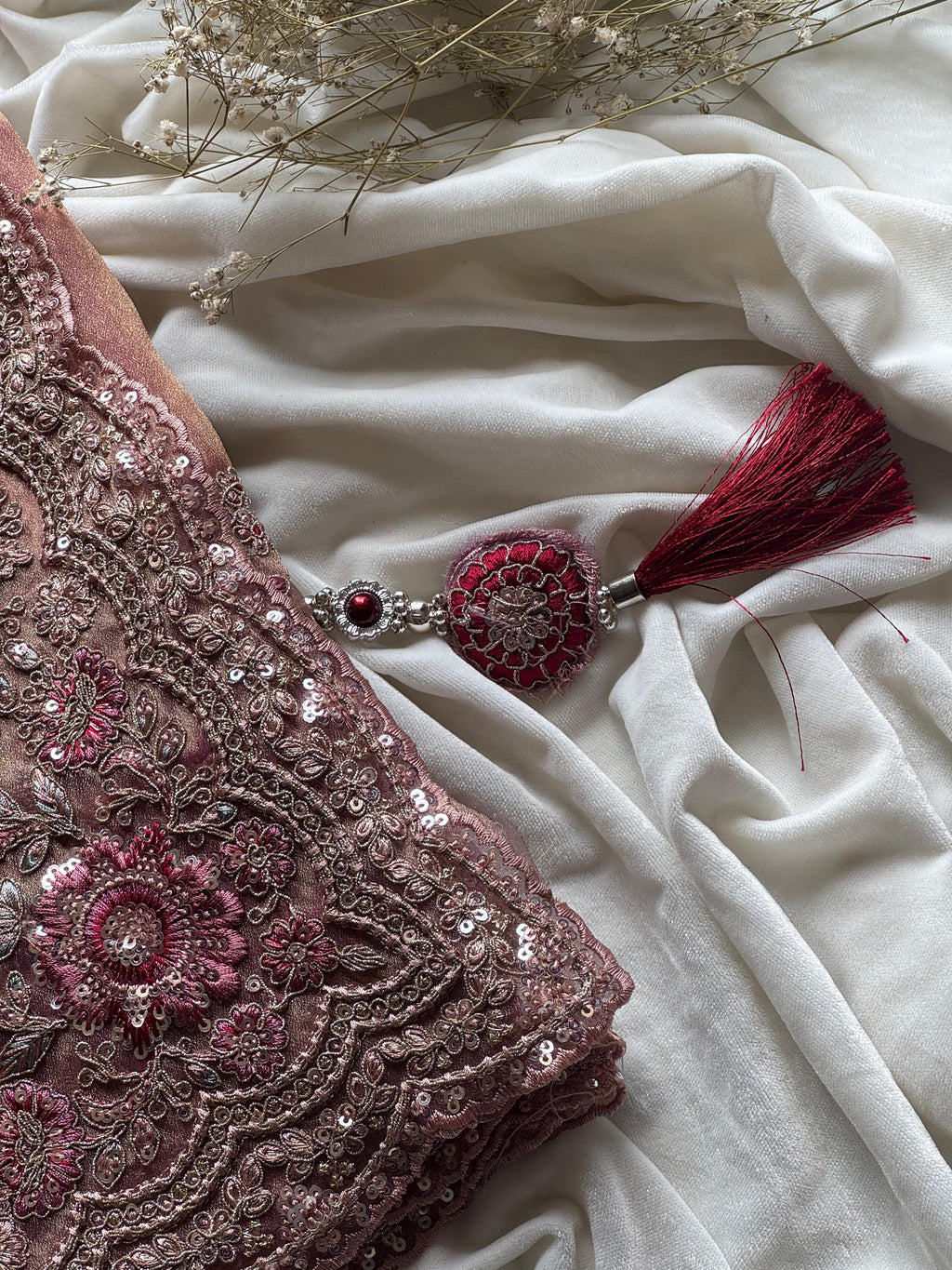 Premium Tissue Silk Saree – Multi-Colour Sequin & Coding Work | Blush Pink