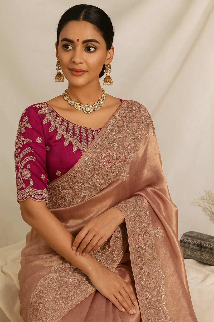 Premium Tissue Silk Saree – Multi-Colour Sequin & Coding Work | Blush Pink
