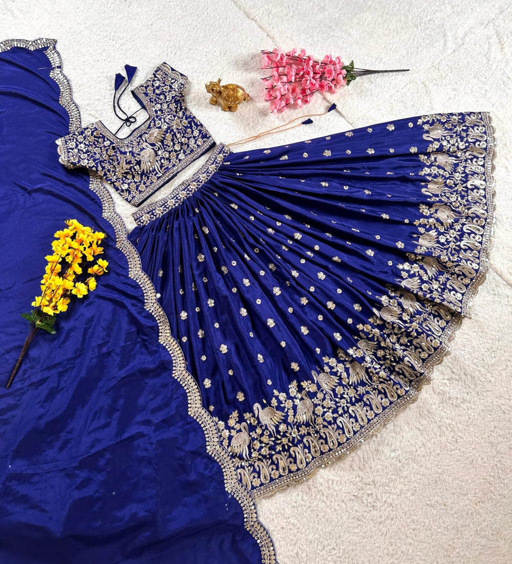 Silver Zari Sequins Embroidered Lehenga Choli – Chinon Silk Festive Collection