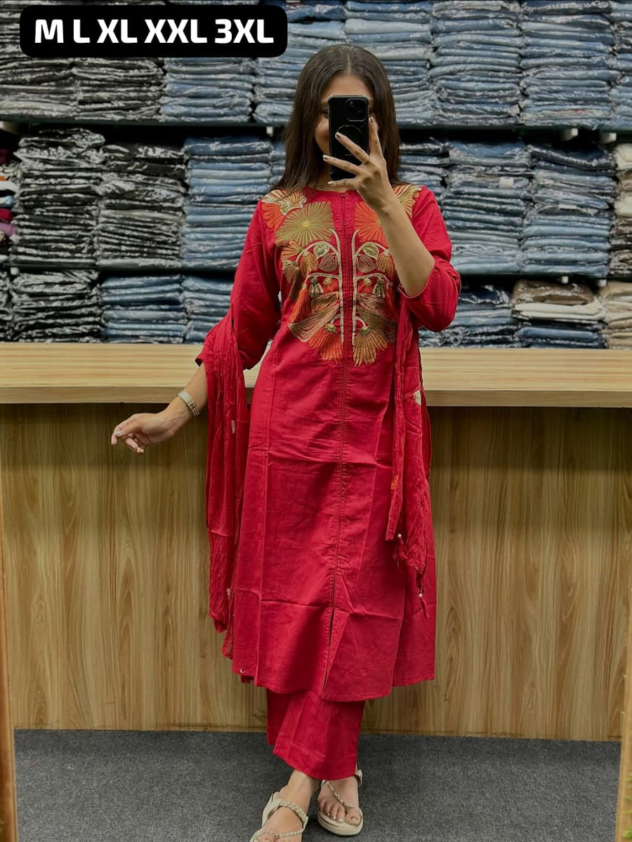 Abstract Cotton Kurta Set – Printed & Embroidered Suit with Malmal Dupatta