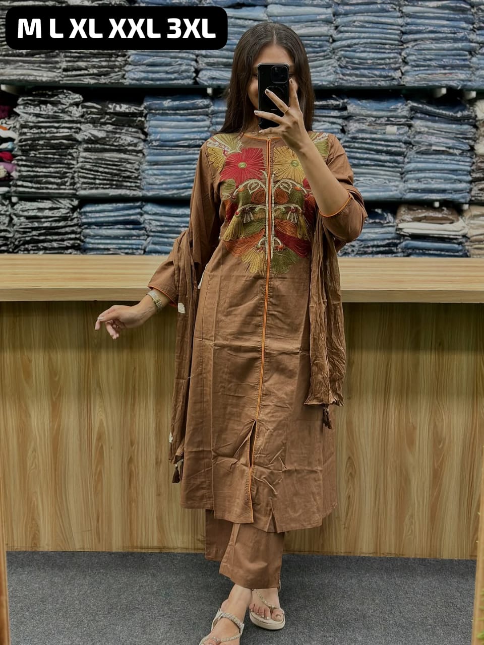 Abstract Cotton Kurta Set – Printed & Embroidered Suit with Malmal Dupatta