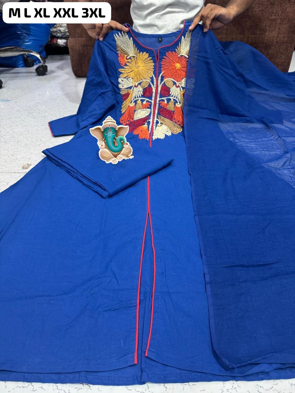 Abstract Cotton Kurta Set – Printed & Embroidered Suit with Malmal Dupatta