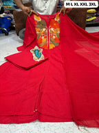 Abstract Cotton Kurta Set – Printed & Embroidered Suit with Malmal Dupatta