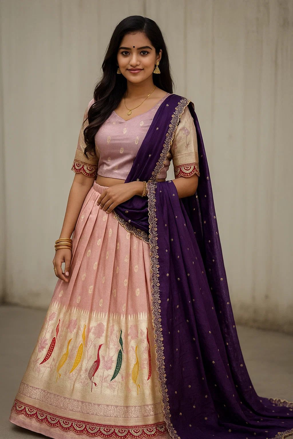 Peacock Half Saree – Tissue Cosmos Lehenga with Dupatta