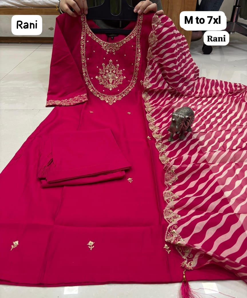 WORK KURTI PANT WITH HEAVY LEHRIYA PARTY WEAR DUPPATA SET