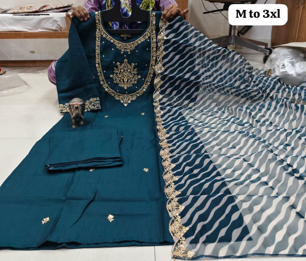 WORK KURTI PANT WITH HEAVY LEHRIYA PARTY WEAR DUPPATA SET