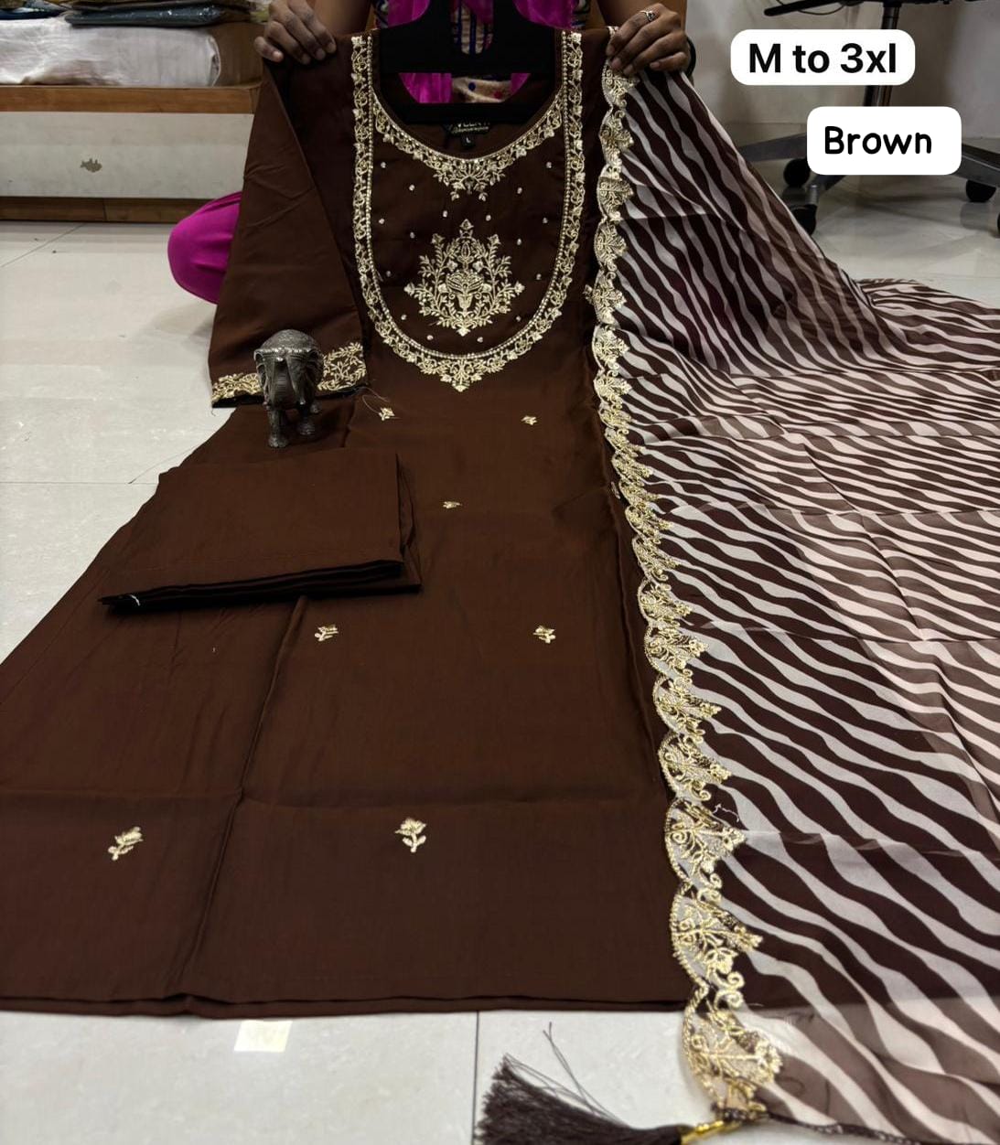 WORK KURTI PANT WITH HEAVY LEHRIYA PARTY WEAR DUPPATA SET