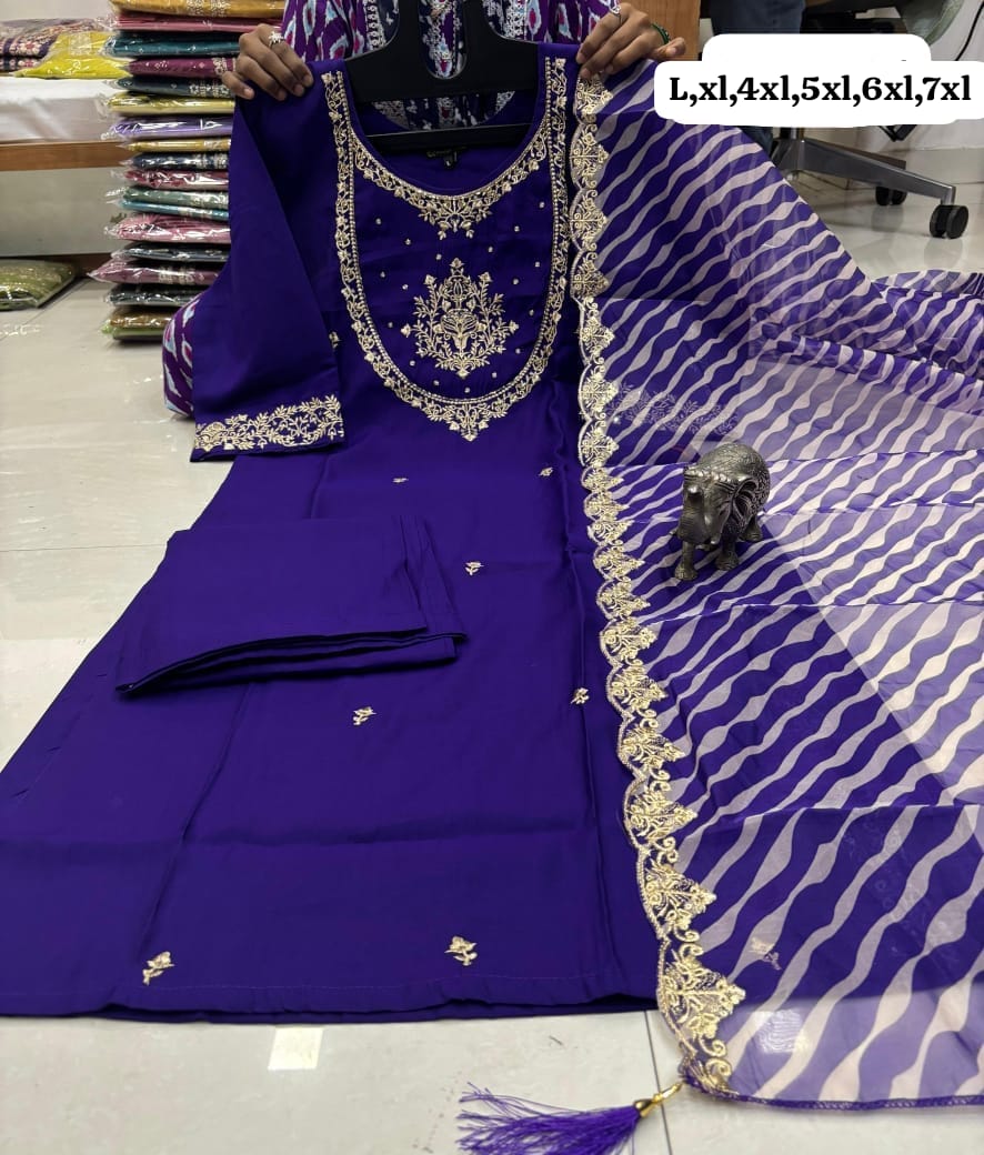 WORK KURTI PANT WITH HEAVY LEHRIYA PARTY WEAR DUPPATA SET