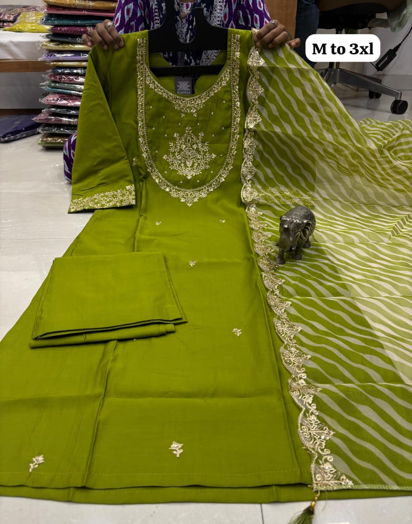 WORK KURTI PANT WITH HEAVY LEHRIYA PARTY WEAR DUPPATA SET